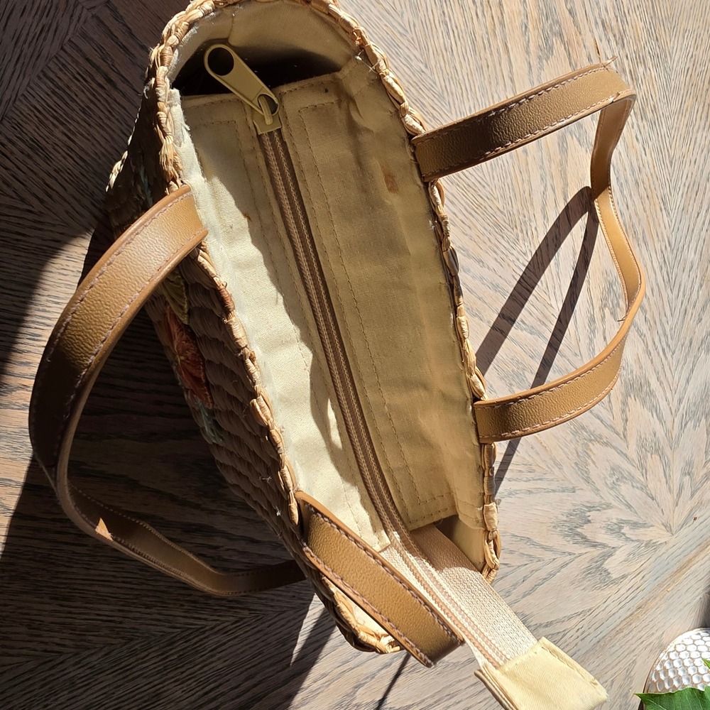 Cappelli Straworld Straw Tote Bag Womens Tan Boho Cottagecore Floral Embroidered - Picture 7 of 8